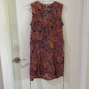 COLLECTIVE CONCEPTS  print coral orange blue tie belted  short dress medium